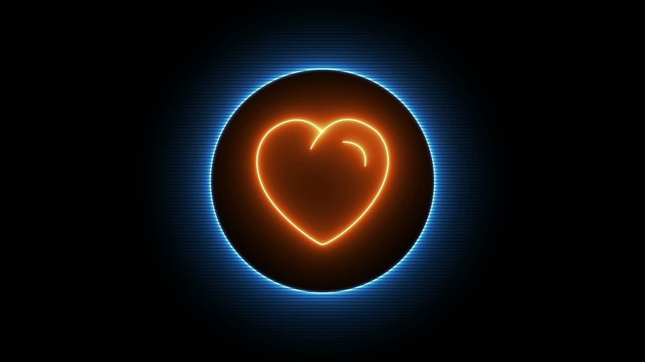 Glowing neon line Heart icon on a black background. Shape of love, valentine's day and romance as symbol in framed circle. 4K UHD video motion animation decoration.