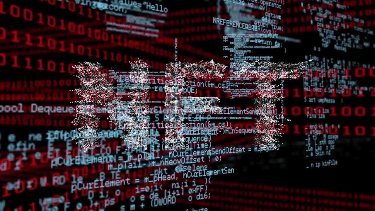 animación de nft y código binario sobre procesamiento de datos en fondo negro