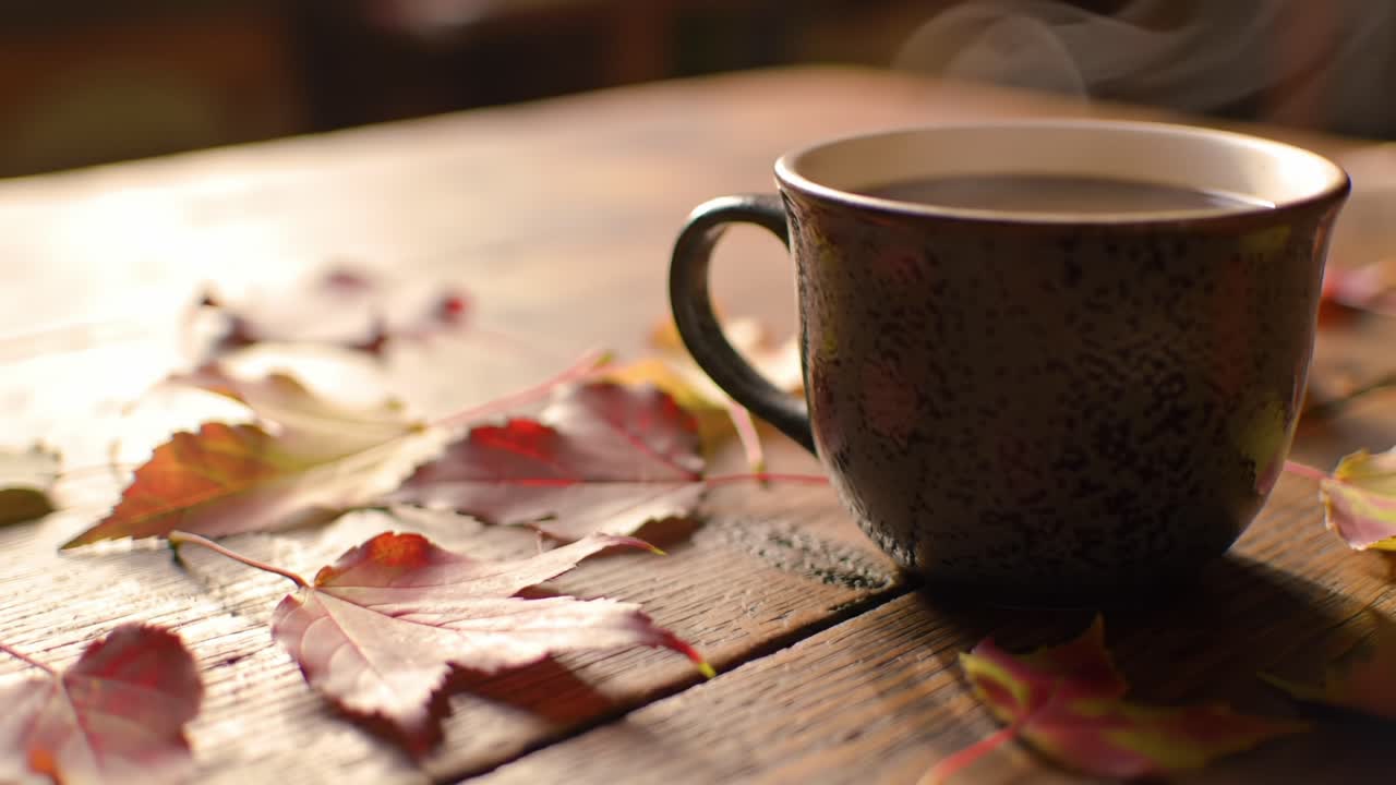 A Cozy Autumn Scene Featuring a Warm Cup of Beverage Surrounded by Vibrant Fallen Leaves on a Rustic Wooden Table, Capturing the Essence of Seasonal Comfort