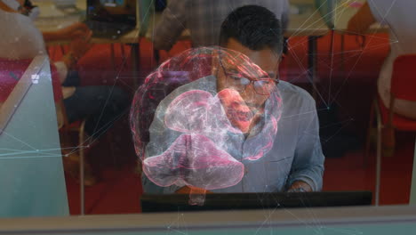 software engineer focusing on monitor in technology workspace, projecting holographic brain overlay
