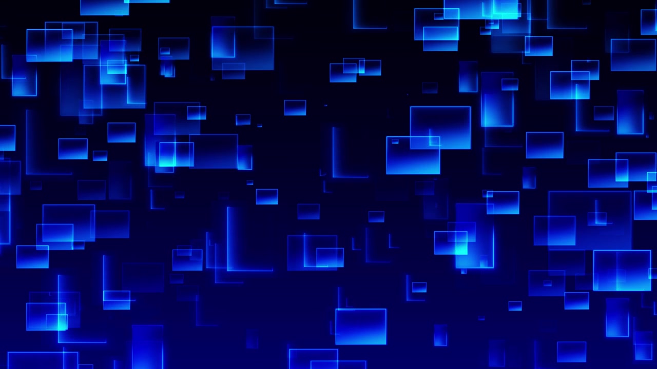 Floating square technology visual with layered blue rectangles soft glow and dark abstract digital