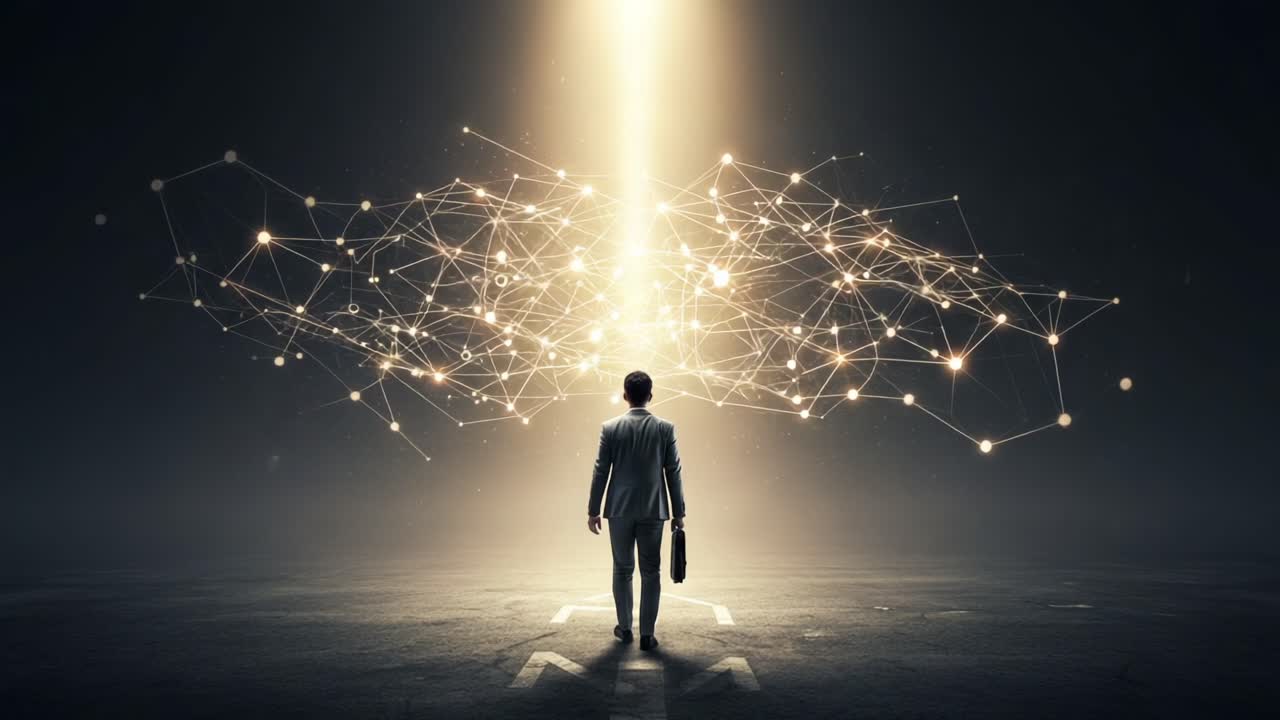 A figure stands silently in a dark space, gazing at a radiant beam of light emerging from above, surrounded by intricate networks representing knowledge and opportunity