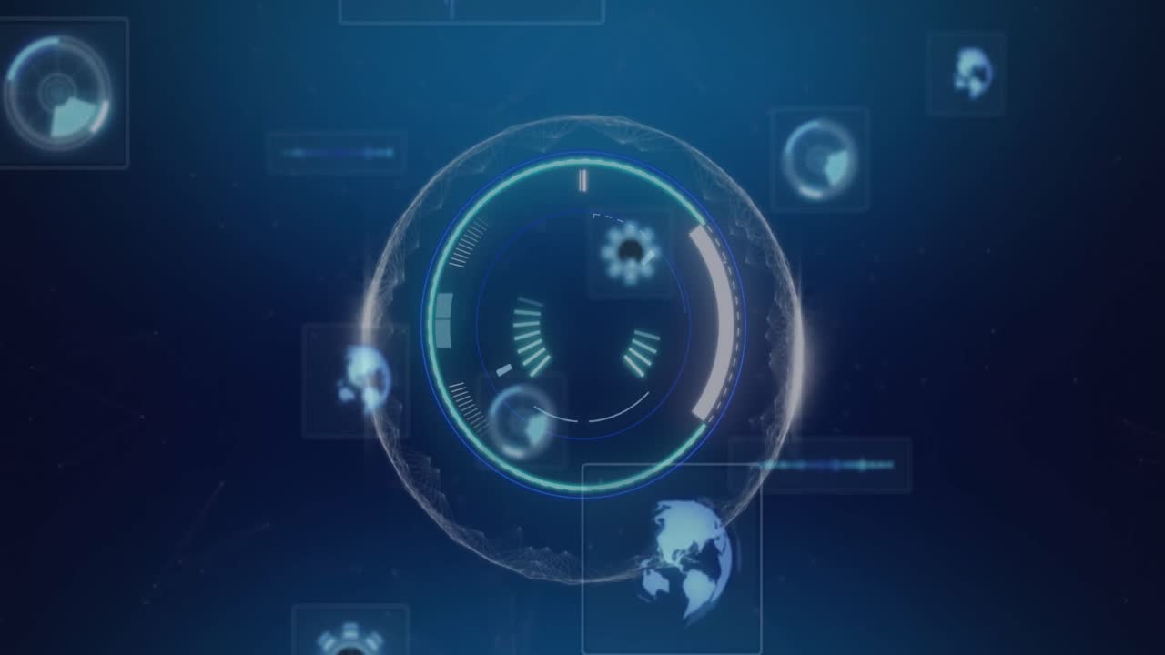 animación de pantallas con escáneres redondos y procesamiento de datos contra un fondo azul.