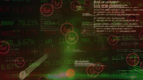 animación de partículas rojas sobre el procesamiento de datos del mercado de valores y puntos verdes de luz.