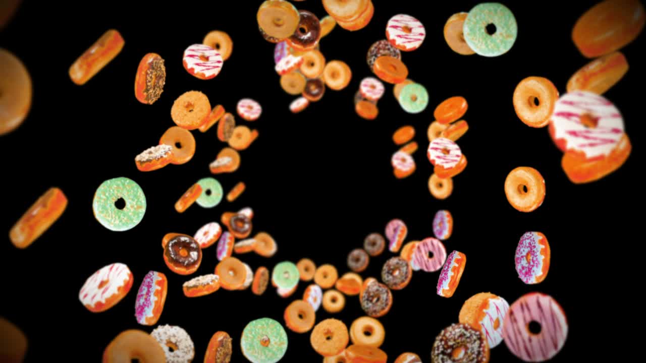 Viele bunte Donuts fliegen auf schwarzem Hintergrund. Donut-Kuchen, Süßigkeiten, Dessert. 3D-Animation eines rotierenden Donuts. Schleifenanimation