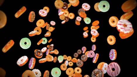 flying many colorful donuts on black background. doughnut cake, sweets, dessert. 3d animation of donut rotating. loop animation.