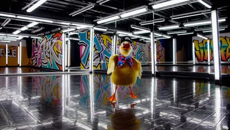 a duck dancing in a graffiti-filled dance studio