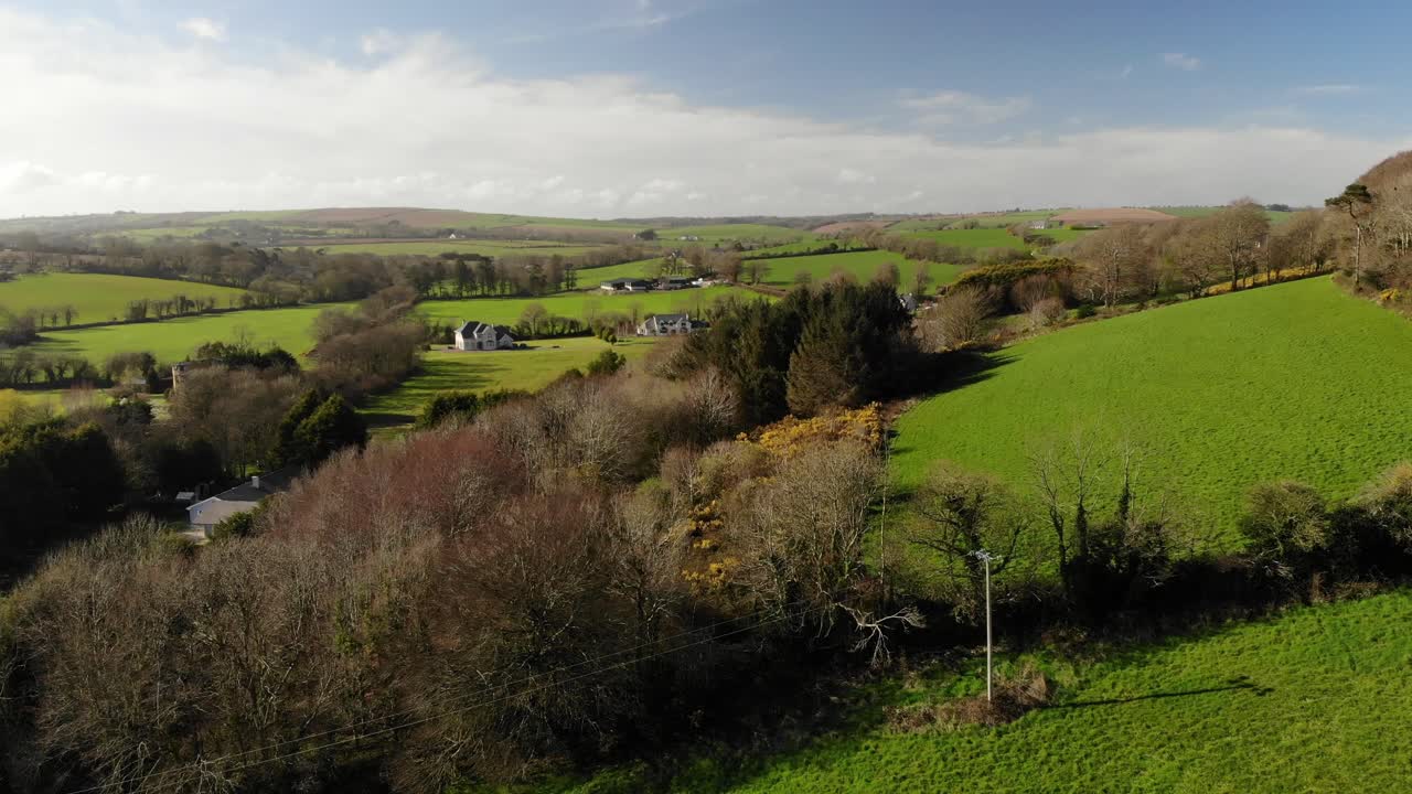 Aerial view over green rolling hills county Cork, Kinsale in Spring