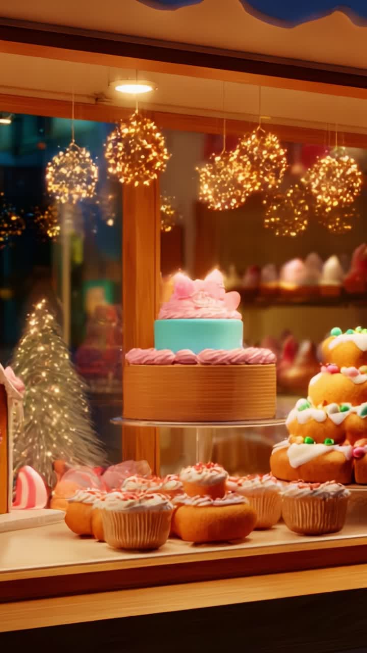 A Delightful Display of Colorful Pastries and Cakes in a Warmly Lit Bakery Shop with Festive Decorations, Inviting Sweet Treats Perfect for Celebrations and Enjoying with Friends and Family
