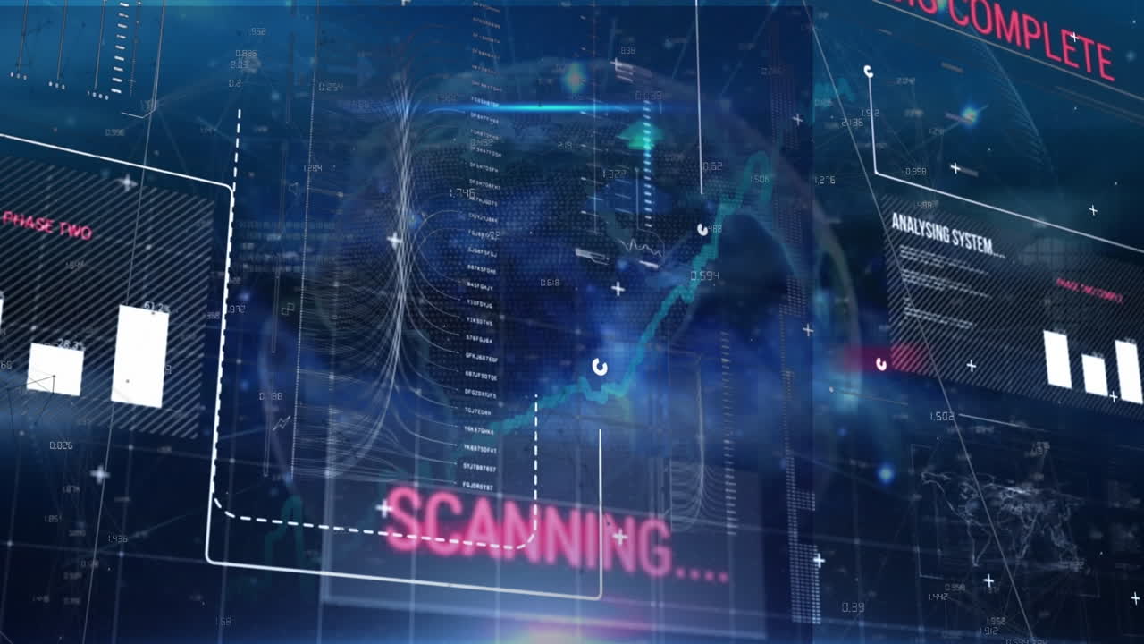 검은색 배경에 데이터 처리를 통해 지구와 세계 지도의 애니메이션