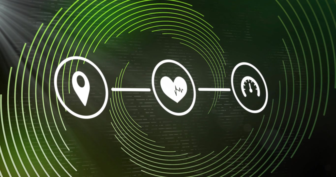 Icone di posizione, frequenza cardiaca e velocità connesse su motivi circolari verdi