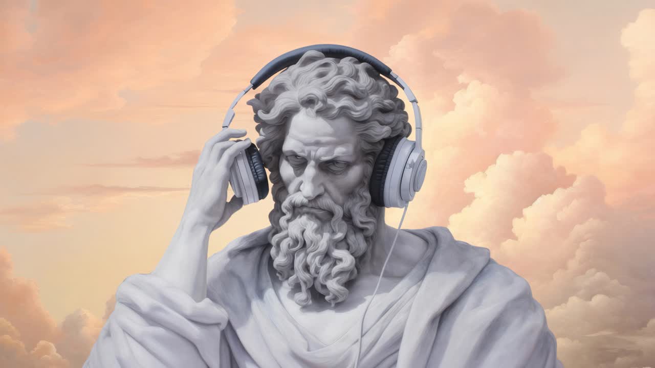 A low-angle video concept featuring a classical statue wearing headphones against a dreamy sky