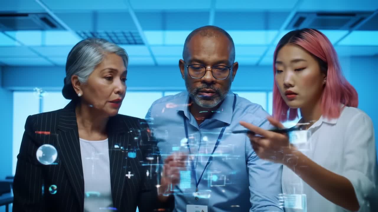 Three professionals collaborate in a modern office space, analyzing digital data projections displayed on a transparent interface, showcasing teamwork and innovation