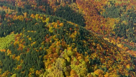 Increíble-Montaña-De-Otoño-Con-Follaje-Rojo,-Verde,-Naranja,-Dorado,-Aéreo