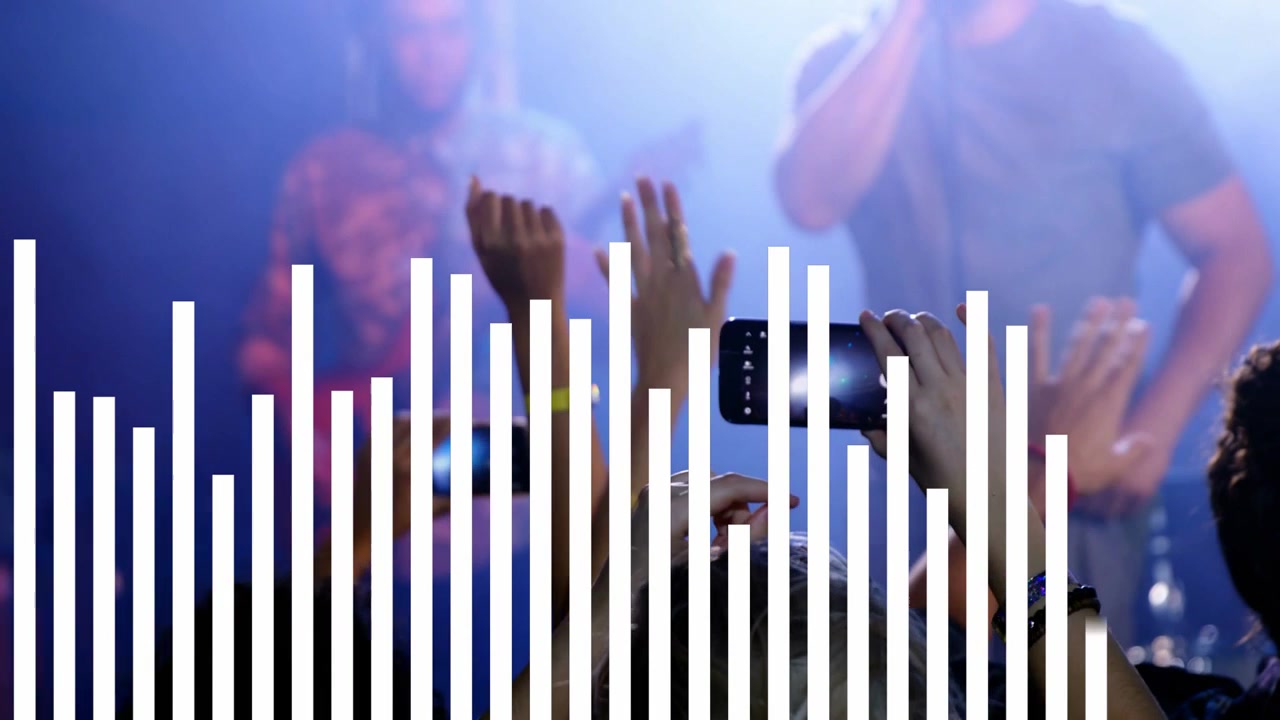 Fans raising phones to record band while music rising, white bars rising, hiding, receding