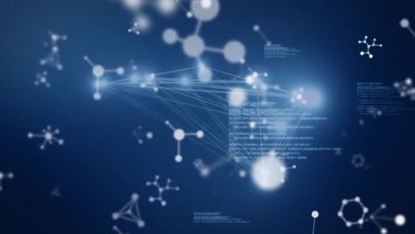 animation of nucleotides, connected dots and computer language over abstract background