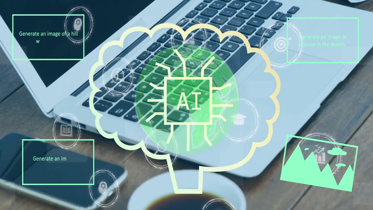 노트북을 통해 텍스트, 아이콘 및 데이터 처리의 애니메이션