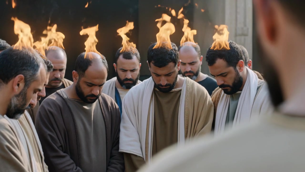 Standing men in robes bowing heads, lowering hands at doorway for ritual, flames rising above heads
