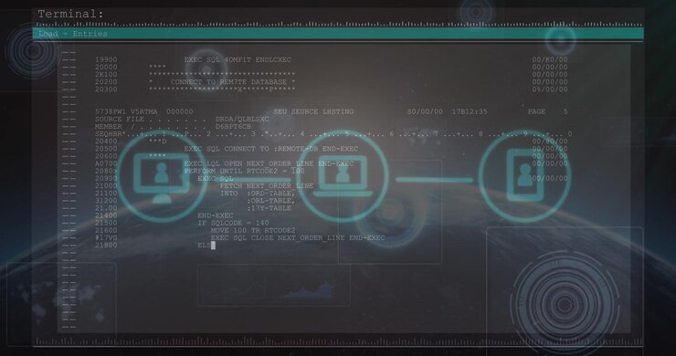 Animation of falling icons over data processing on dark background