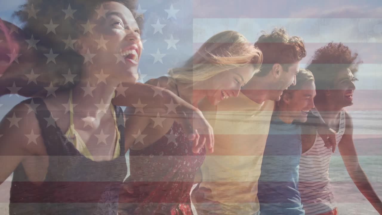 해변에서 행복한 다양한 친구들 위에 미국 국기의 애니메이션