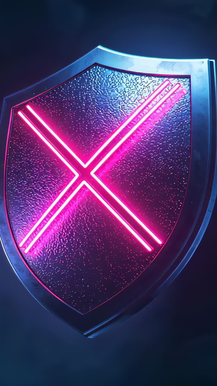 Vertical video: Rotating shield camera pulling revealing textured panel studio showing neon pink X