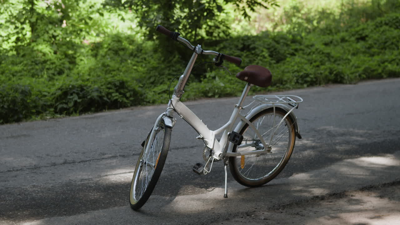 A bicycle on a road in a park