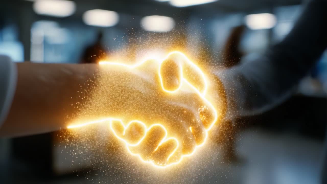 A Powerful Handshake Symbolizing Collaboration and Connection with a Magical Glow, Capturing the Spirit of Partnership in a Dynamic Environment