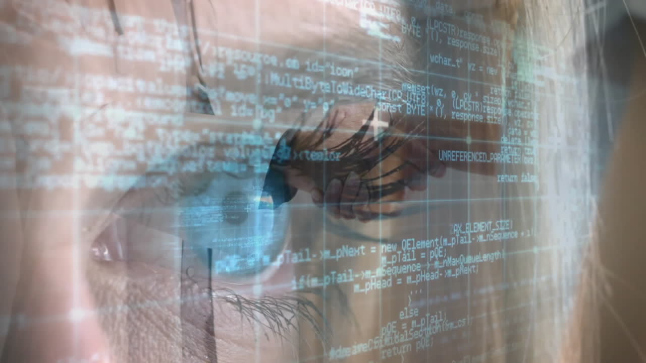 Animation of human eye with computer code, symbolizing technology and data analysis
