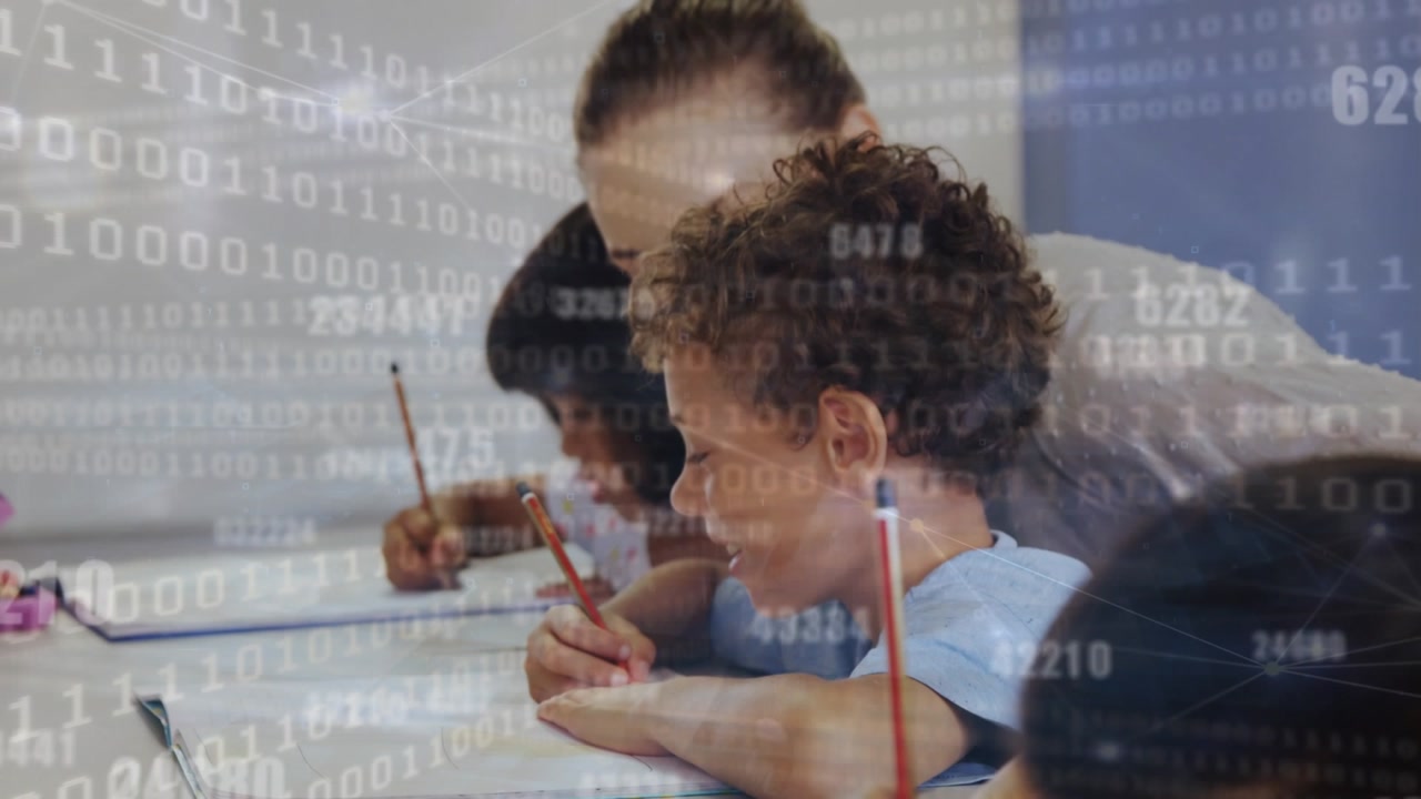 Animation of binary codes, dots connecting with lines, multiracial teacher assisting boy in writing