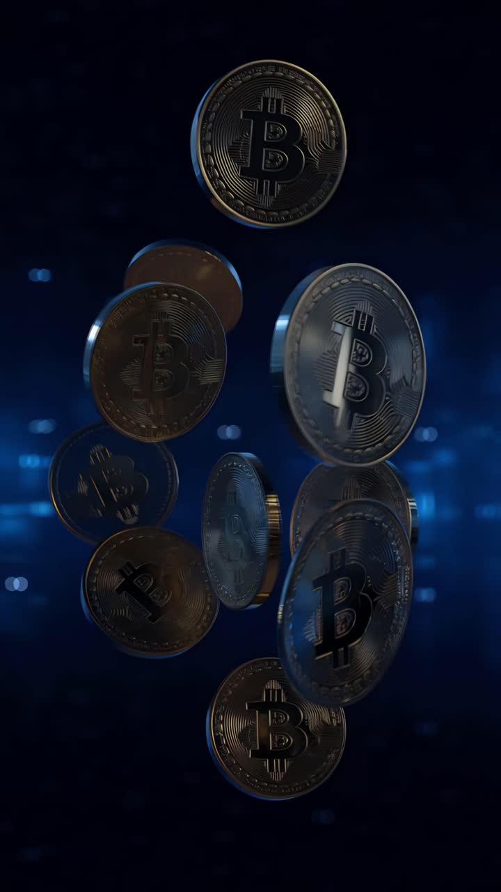 Animación de Bitcoin dorado girando sobre fondo oscuro. Cripto cinematográfico 4K