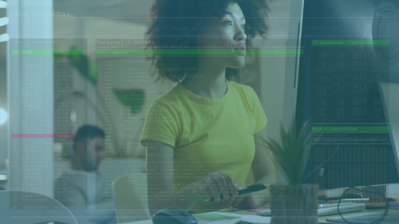 Animation of data processing over diverse business people in office