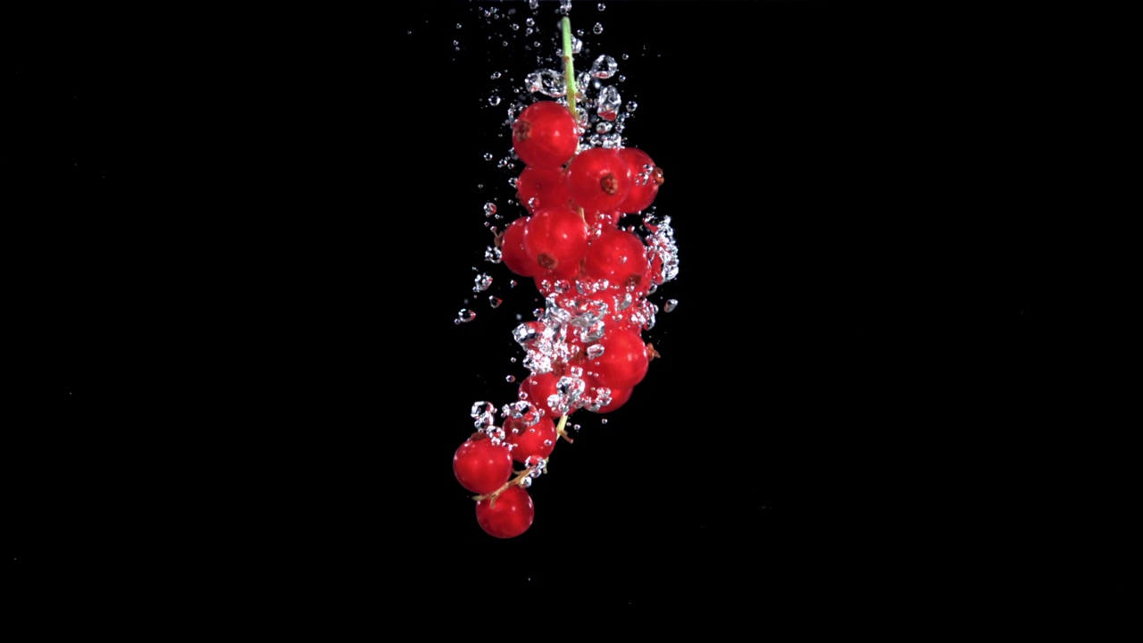 Red Currants Falling into Water with Bubbles in Slow Motion
