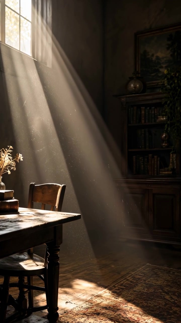 Warm angled sunlight cuts across dim traditional room while camera advances gently toward tabletop and chair, with dust particles glowing near books, cabinet, and floor rug.