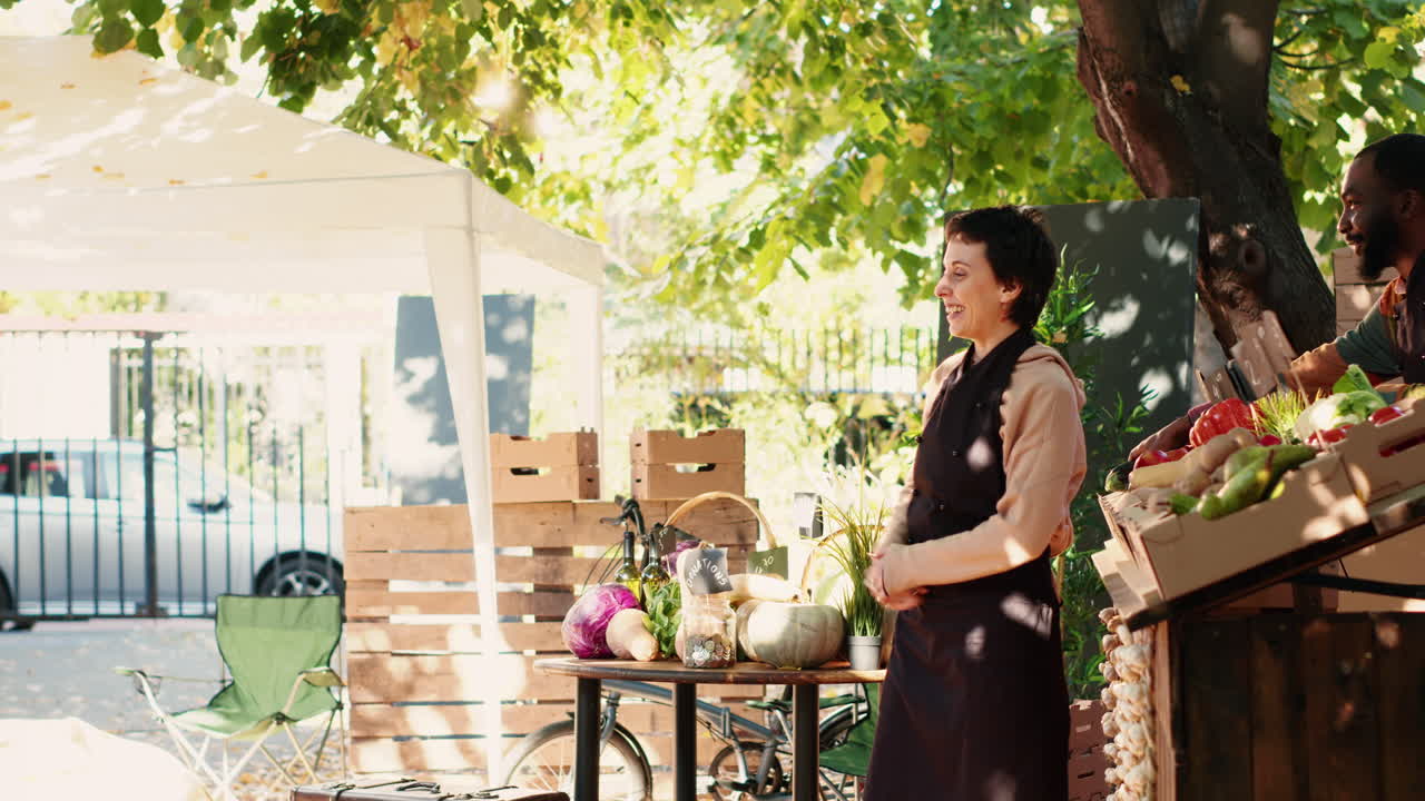 Farmers market with happy customers and vendors