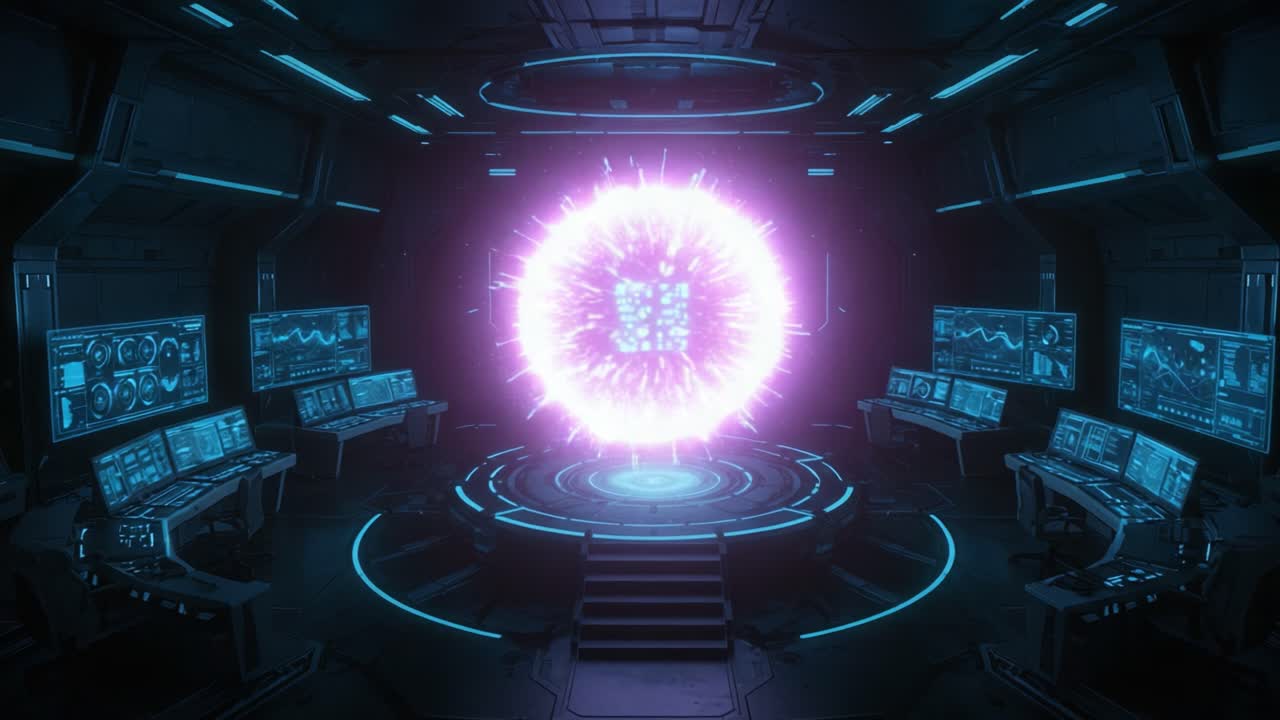 A mesmerizing display of advanced technology within a futuristic control room, featuring a pulsating energy sphere with dynamic color changes and high-tech interfaces surrounding it