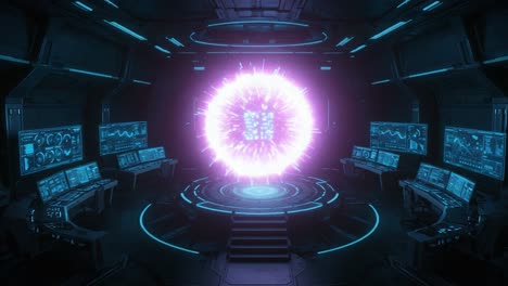 a mesmerizing display of advanced technology within a futuristic control room, featuring a pulsating energy sphere with dynamic color changes and high-tech interfaces surrounding it