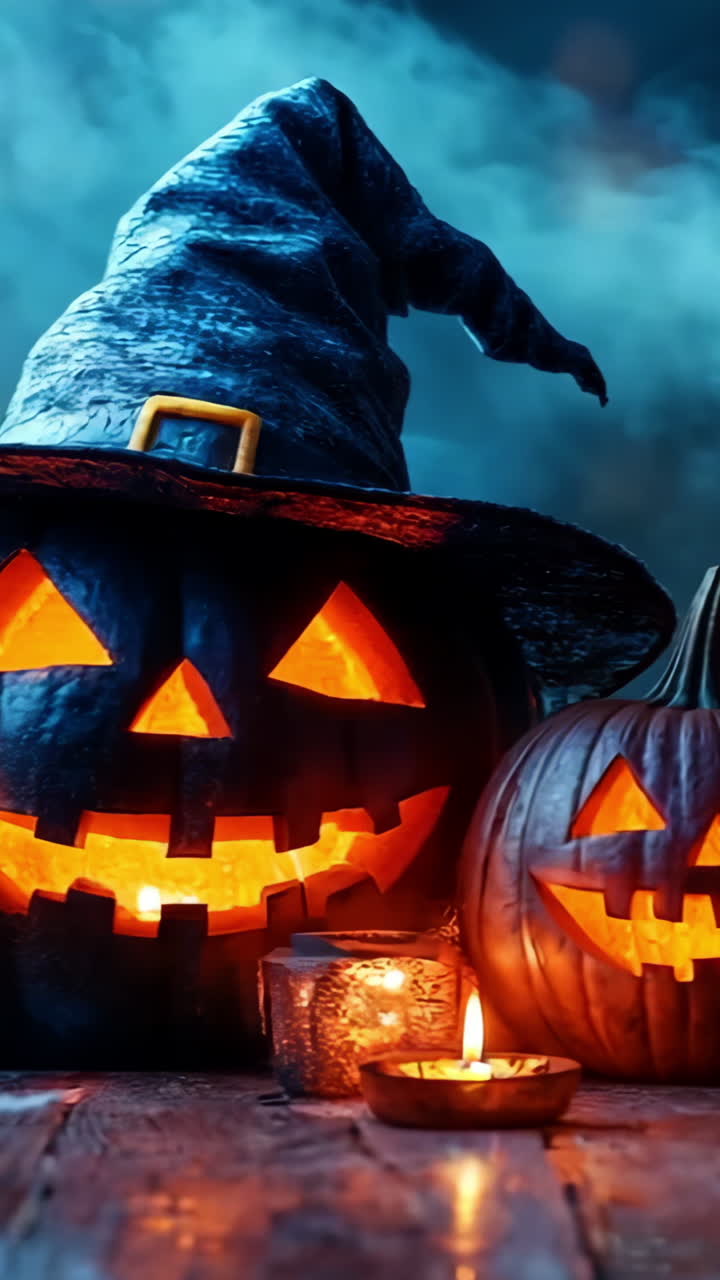 A witch's hat is on top of two pumpkins with orange faces. The scene is set in a dark room with smoke and candles
