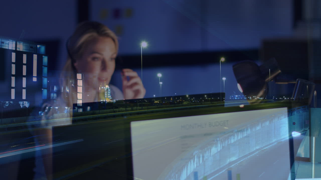 Animation of caucasian businesswoman using computer over data processing and cityscape