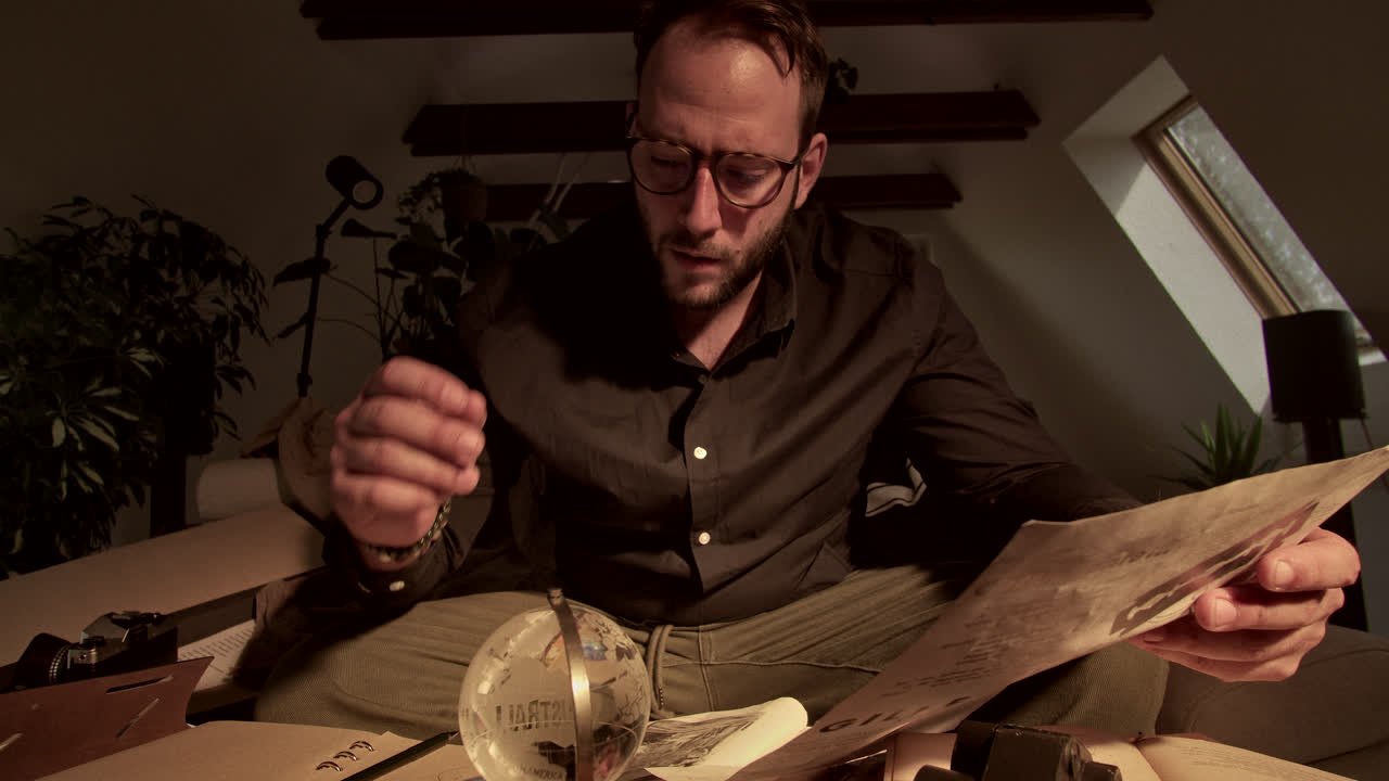 Intrigued Man Examining Old Documents and Maps