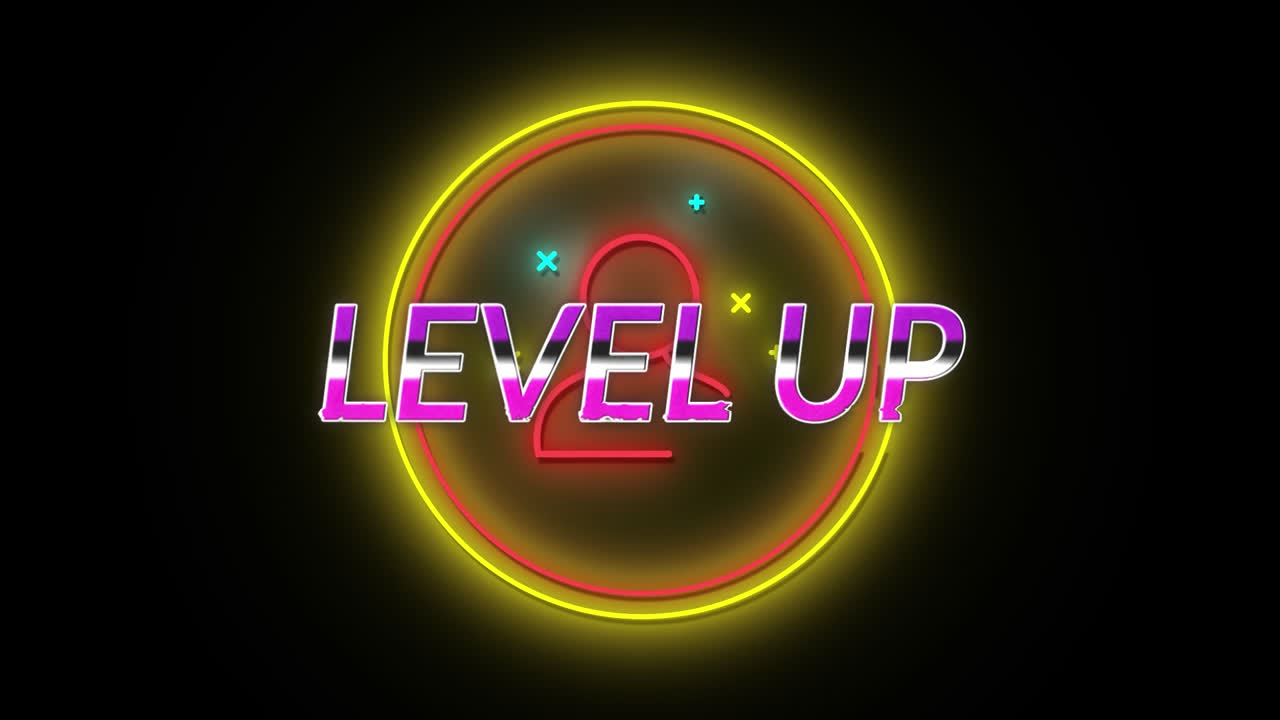 animación de texto de nivel con iconos en círculos contra un fondo negro
