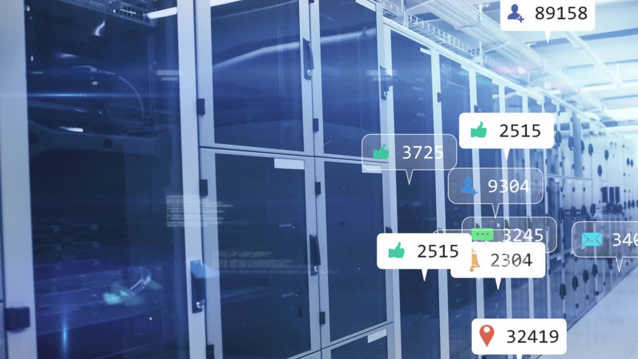 데이터 흐름을 보여주는 데이터 센터 통로, 측정 기준 아이콘이 떠다니는 듯한 시퀀스 시작