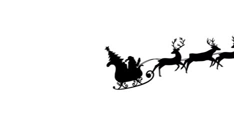 animated silhouette of santa and christmas tree in sleigh on white background.