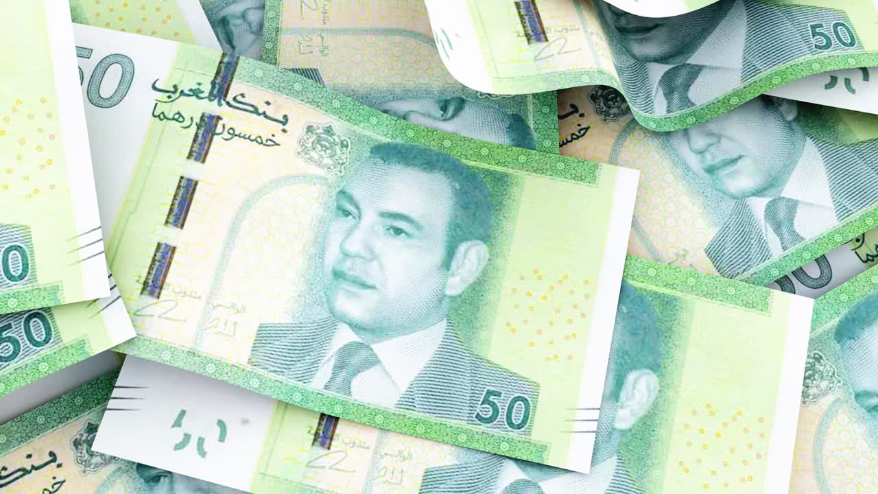 cincuenta dirhams billetes de banco pilas de animación, dinero marroquí, 50 dirhams