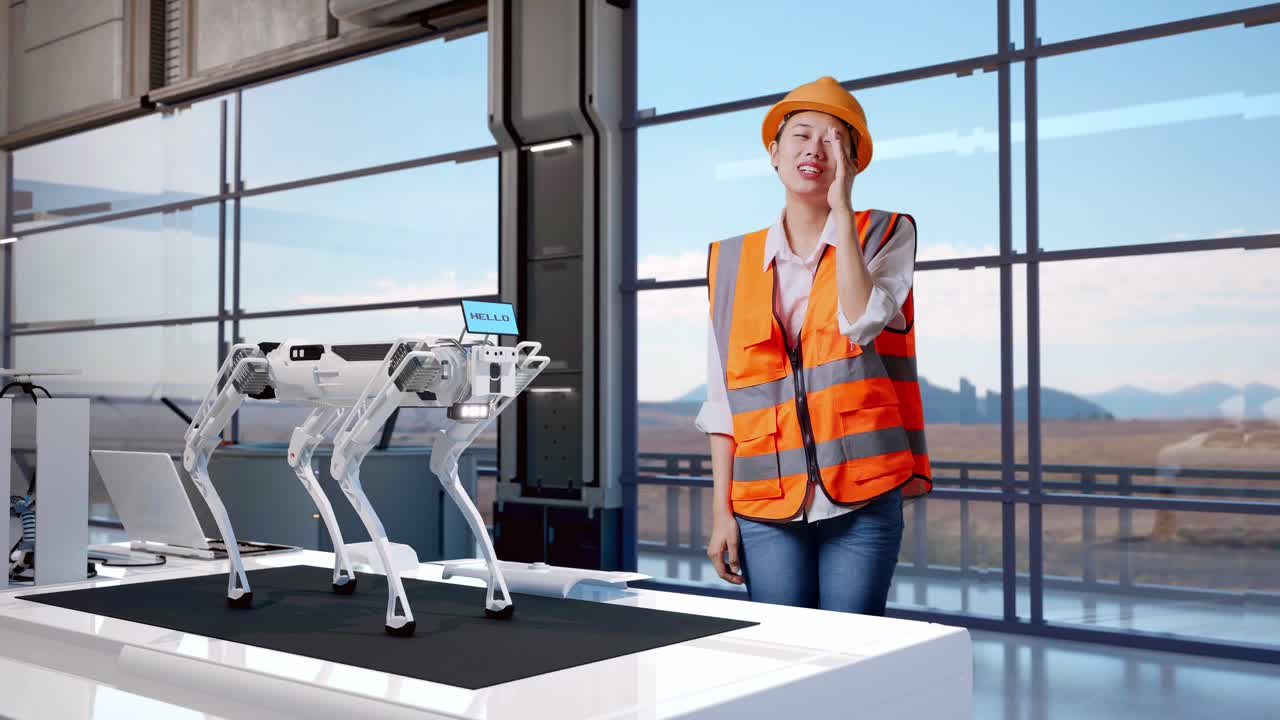 Full Body Of Asian Female Engineer With Safety Helmet Yelling With Hand Over Mouth While Standing In High Tech Factory, Analyzing Robotic Machine Concept