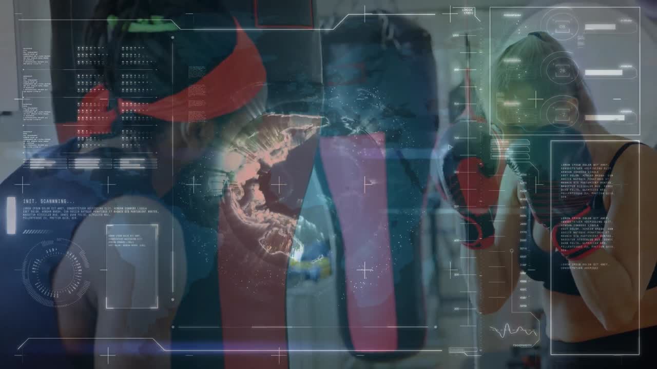 animación del procesamiento de datos sobre una boxeadora caucásica con un entrenador afroamericano en el gimnasio