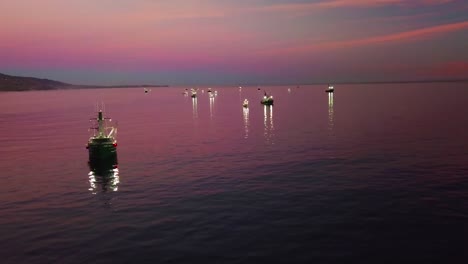 antena de pescadores de calamar con barcos de pesca iluminados por focos brillantes frente a la costa de malibu california