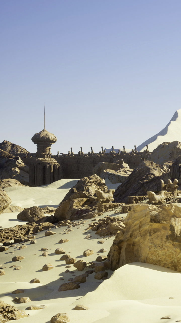 View of a desert landscape with rocky formations and a distant structure