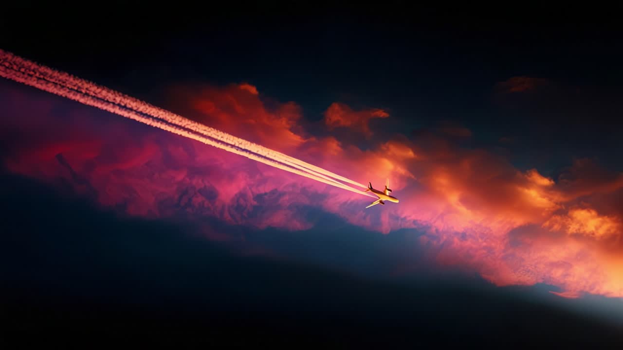 A stunning view of an airplane soaring through a vibrant sunset sky, leaving behind a vivid trail of contrails against a backdrop of dramatic clouds and colorful hues