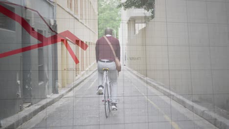 animation of multiple graphs with numbers over rear view of african american man riding bicycle