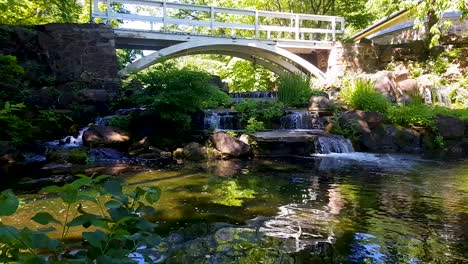 wooden bridge over a small waterfall